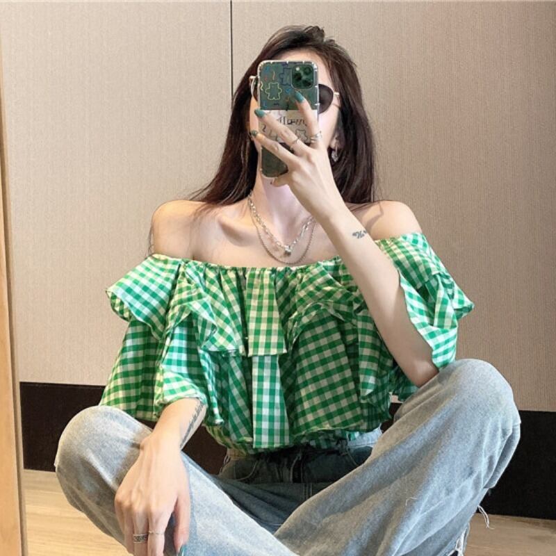 レトロチェック柄シャツ女性デザインセンスニッチライトおなじみの新夏セクシーワンラインカラーストラップレスフリルトップ 1号婦人78370200798