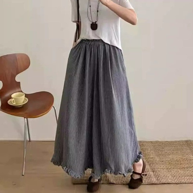 STRIPE FRILLED HEM A-LINE WIDE LEG PANTS 1color M-16295