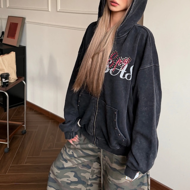 studded lettering zip-up hoodie スタッズレタリングジップパーカー　J2117