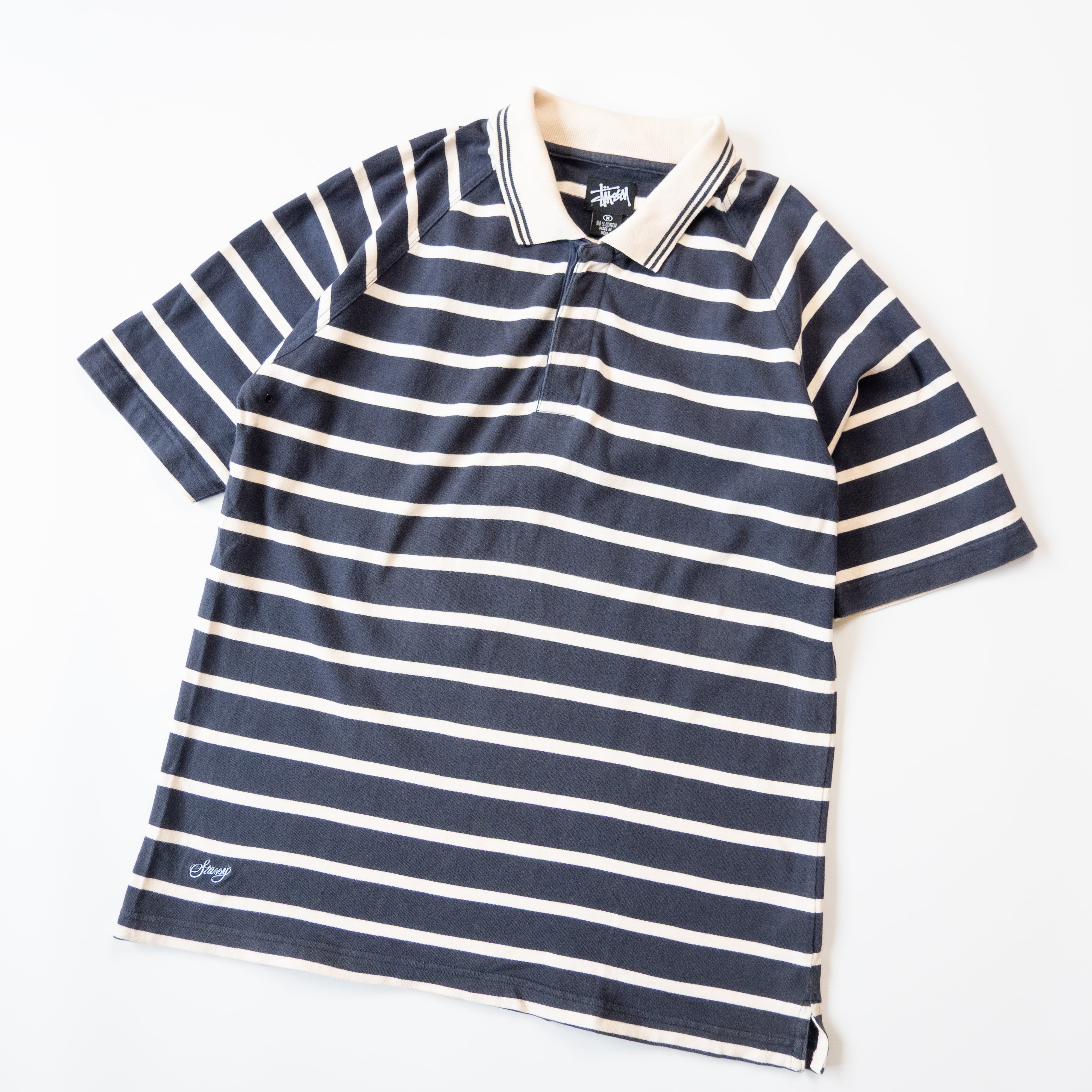STUSSY - 【STUSSY】90s'紺タグ Sロゴ刺繍 ボーダーポロシャツ