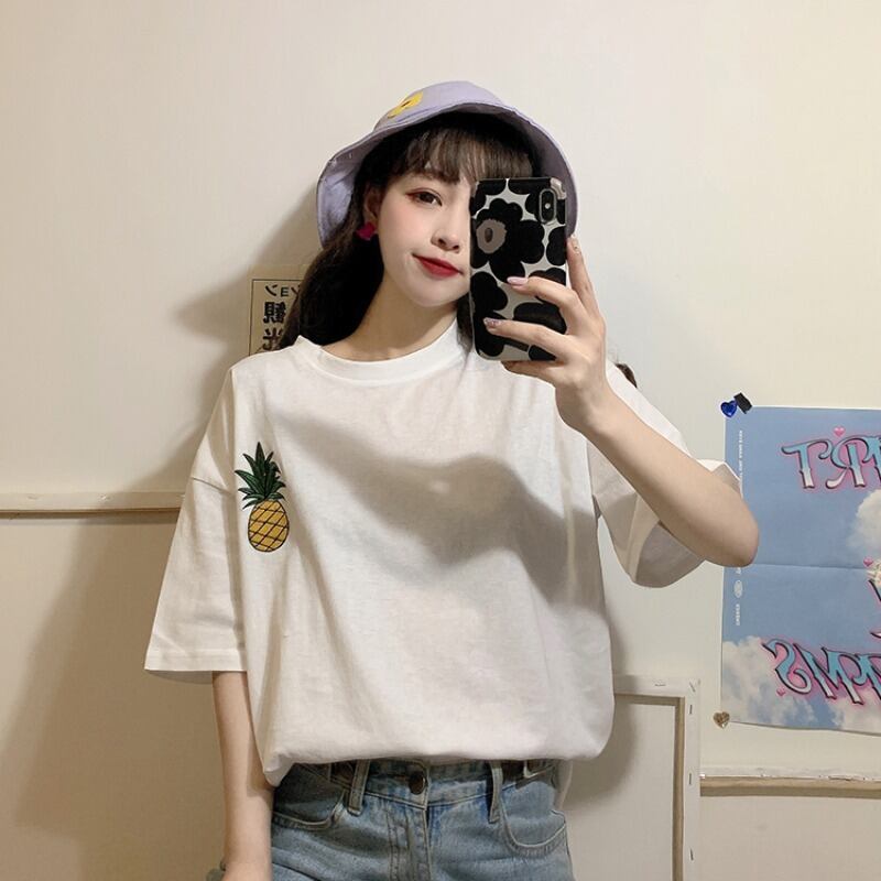 刺繍Tシャツ レッドルーズ薄手プルオーバー トップス YY-ファッション82589123276