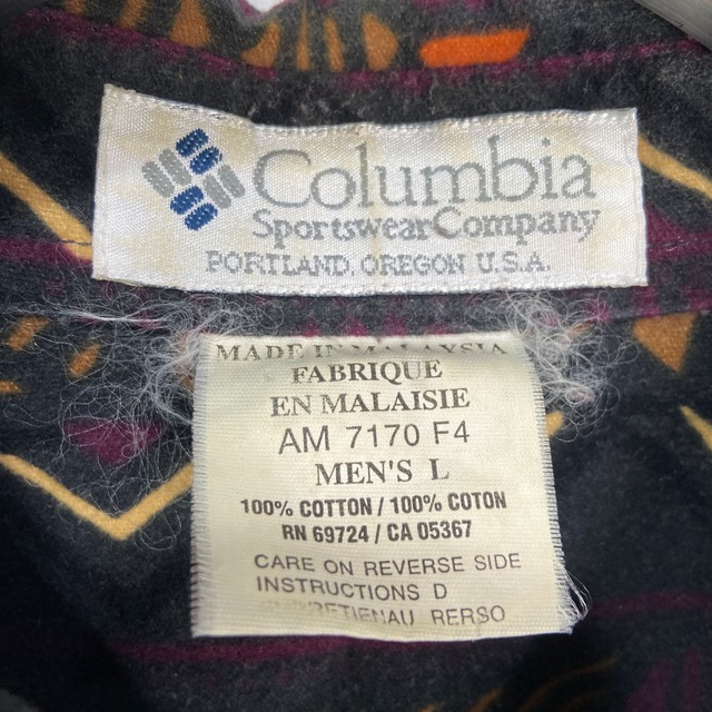 90s Columbia 総柄フランネルシャツ ネイティブ柄 ブラック L