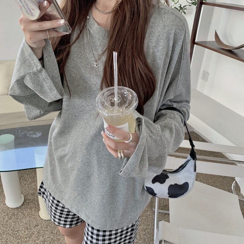 グレーTシャツ シャツ オータムスタンダードラウンドネックルーズブラウス ロング レトロ 大人ガーリー スウィート キュート カジュアル 秋物 Oネック ガールズファッション24554455051