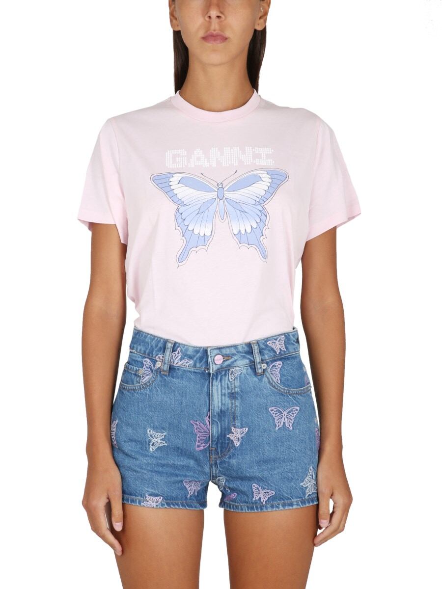 GANNI COTTON JERSEY T-SHIRT WITH BUTTERFLY PRINT T3357_428 14856