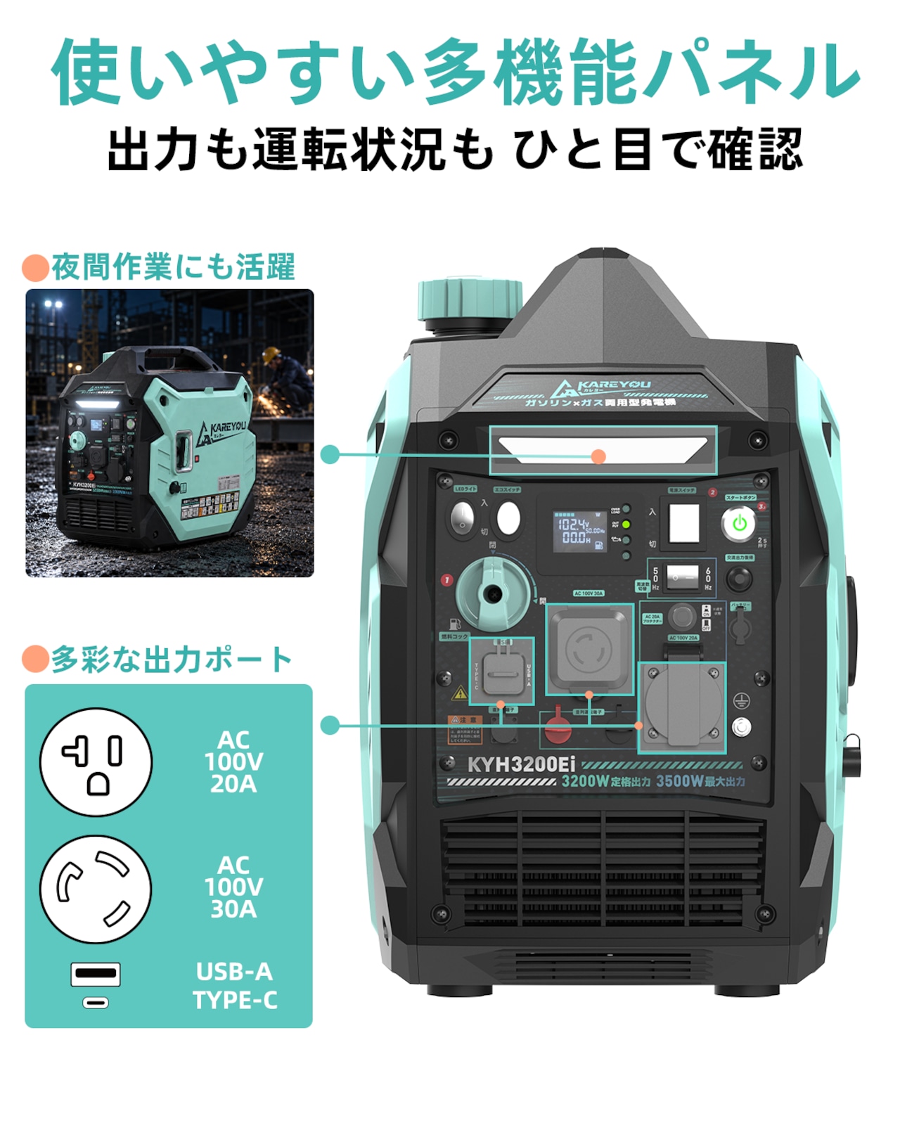 Kareyou インバーター発電機 KYH3200Ei 定格3.2kVA ガソリン・LPガス両用 3WAY始動 直列で200V出力可