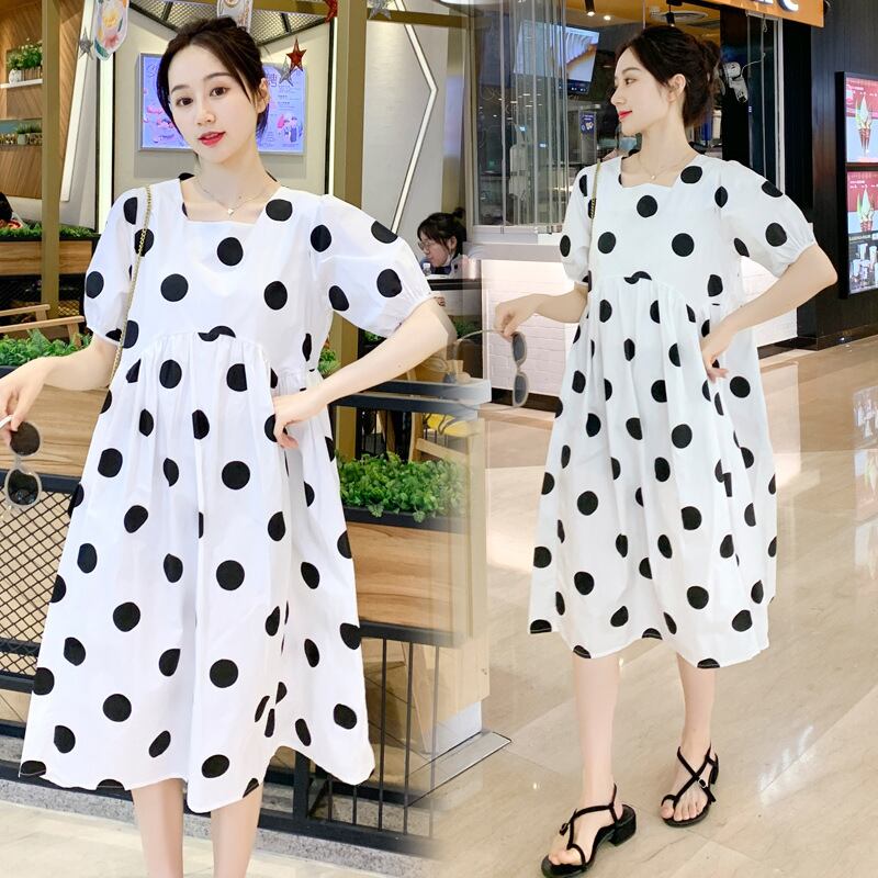 【新作】【送料無料】 マタニティウェア2020夏の新しい綿とリネンの大きな水玉のスクエアネックドレス年齢削減トレンディな母親のミドル丈マタニティドレス-アリババ コットン サマー 夏物 スクウェア expec220903054734