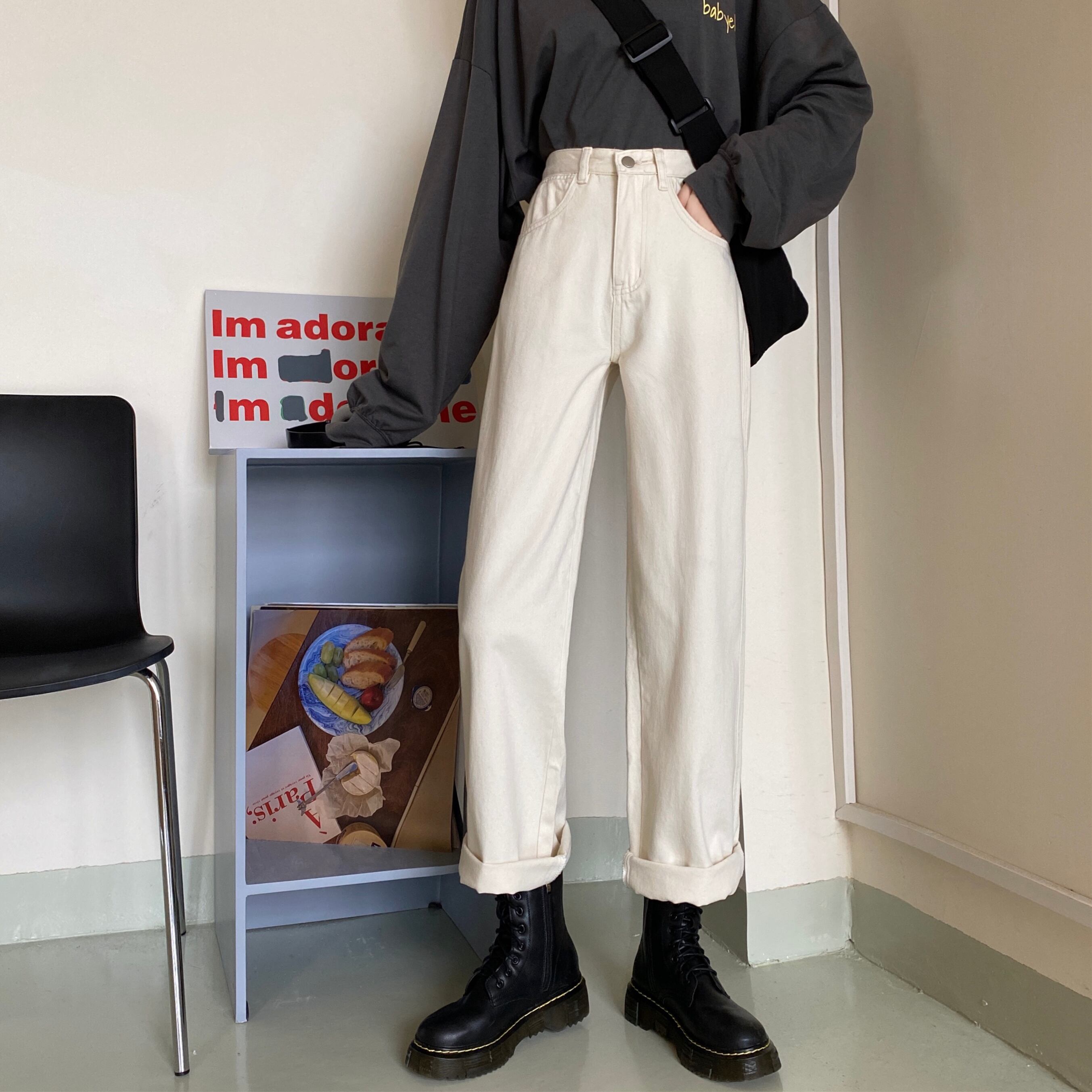 スプリングオータム薄手パンツ ハイウェストカジュアルジーンズ 春物 秋物 1号婦人98300575320