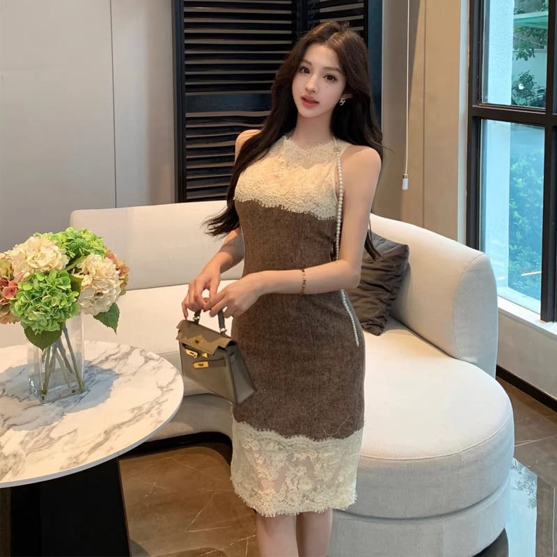 【dress】ノースリーブレースドッキングワンピース Q8023