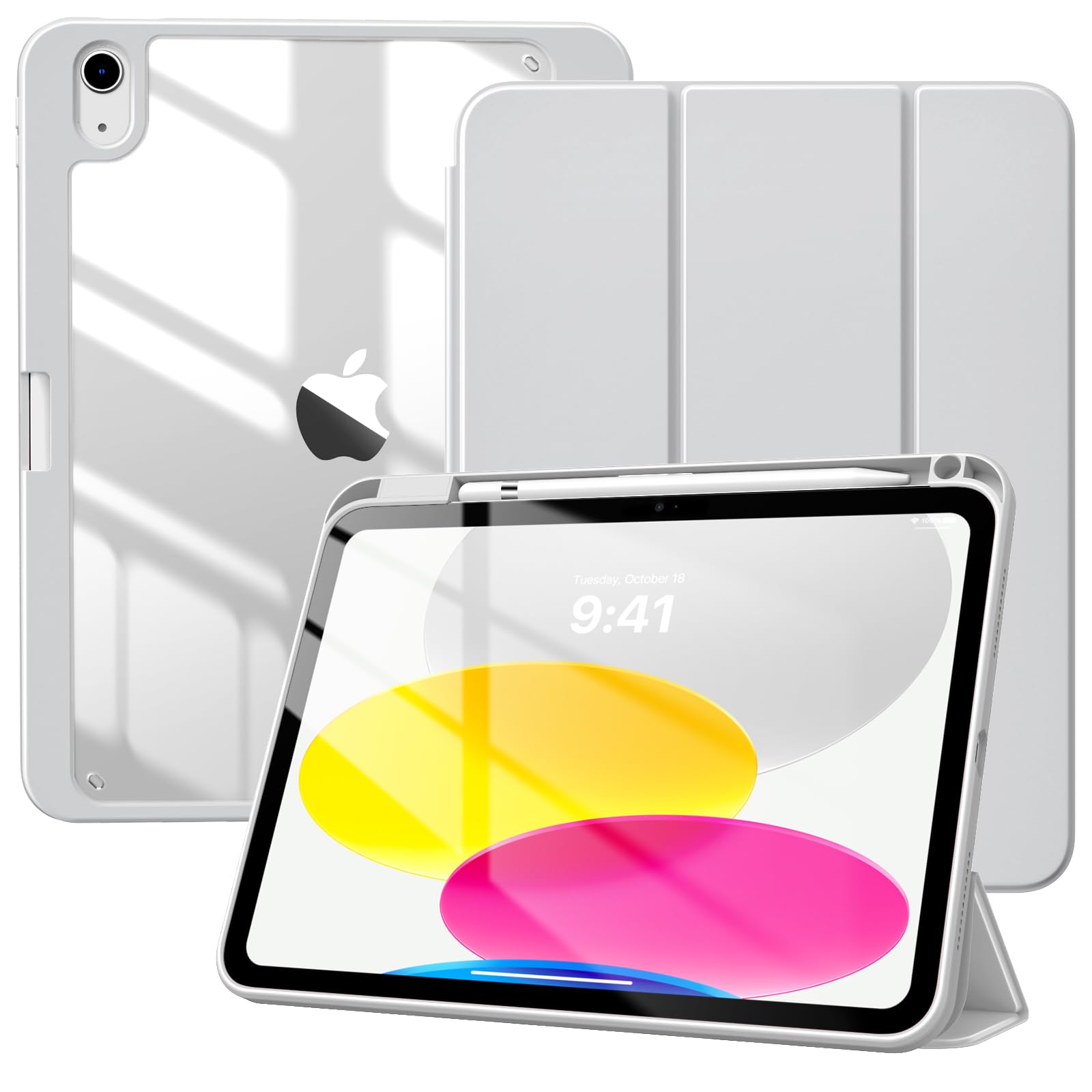 TiMOVO iPad 11世代(A16)/ 10世代 ケース 11インチ / 10.9インチ iPad第11世代11インチ/第10世代10.9インチカバー ApplePencil ホルダー付 ペン収納 透明バック 薄型 PUレザー キズ防止 三つ折り TPU スタンド 衝撃吸収 オートスリープ機能付き 軽量 耐久 スマートカバー ライトグレー