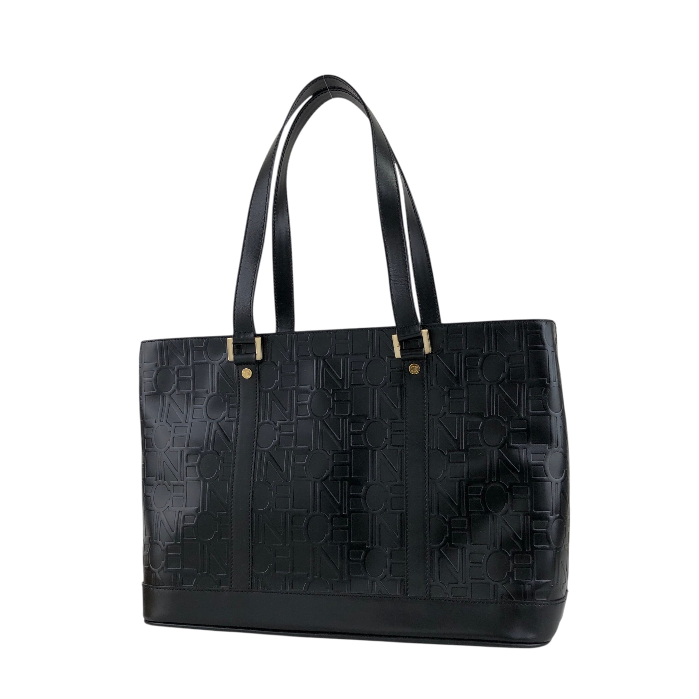CELINE セリーヌ ロゴ型押し ハンドバッグ ブラック レザー vintage