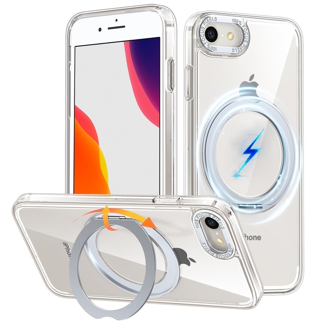 Gunwon iPhone SE3/SE2/8 用 ケース Magsafe対応 ワイヤレス充電 360°回転スタンド 縦横両対応 耐衝撃「クリア」