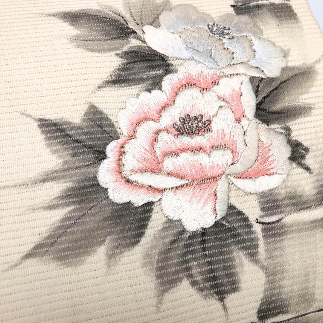 夏帯 名古屋帯 絽 美しい牡丹の花柄 刺繍 生成色 O-2785 夏帯 名古屋帯 絽 美しい牡丹の花柄 刺繍 生成色 O-2785