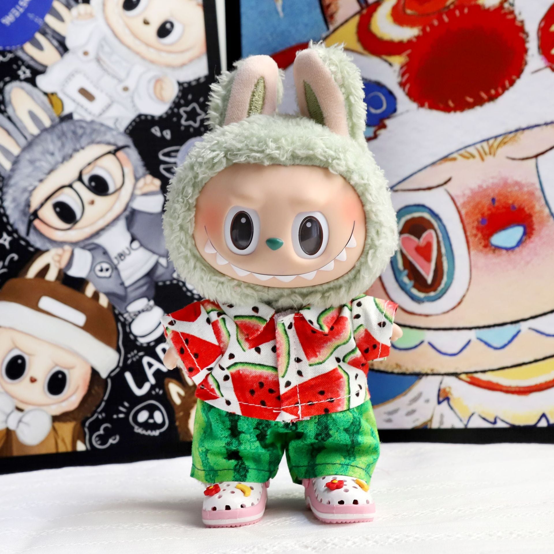 Labubu 1-3世代対応 夏 スイカ柄 トップス＋グリーンパンツ ラブブ