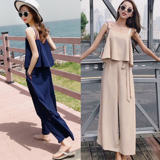 XS/S/M/L/XL レディース セットアップ ストラップトップス ウエストリボン キャミソール ワイドパンツ ツーピース ネイビー/アイボリー