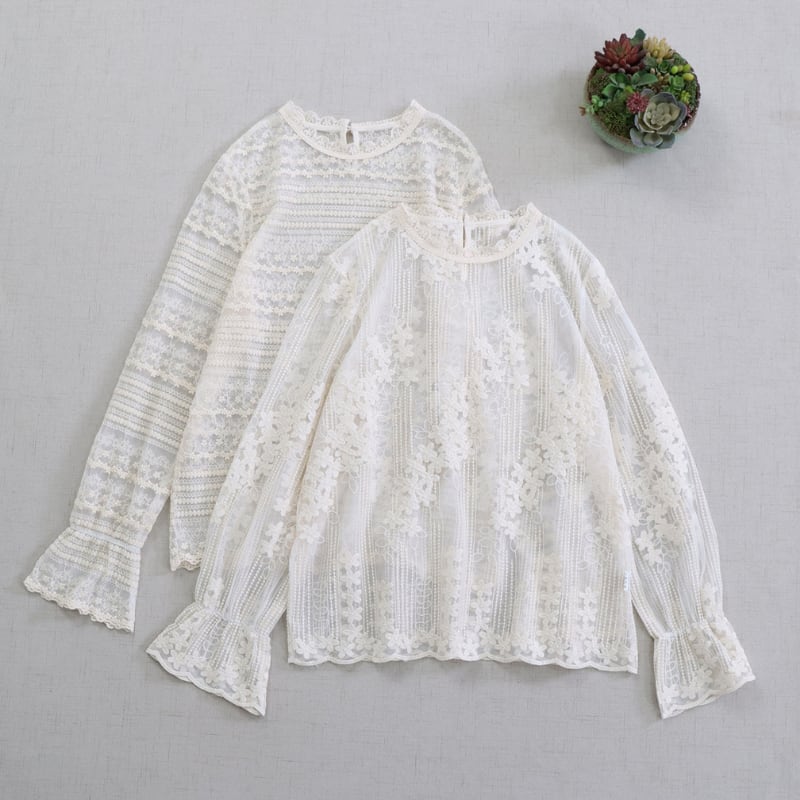 レース切替長袖シアーブラウス W1723