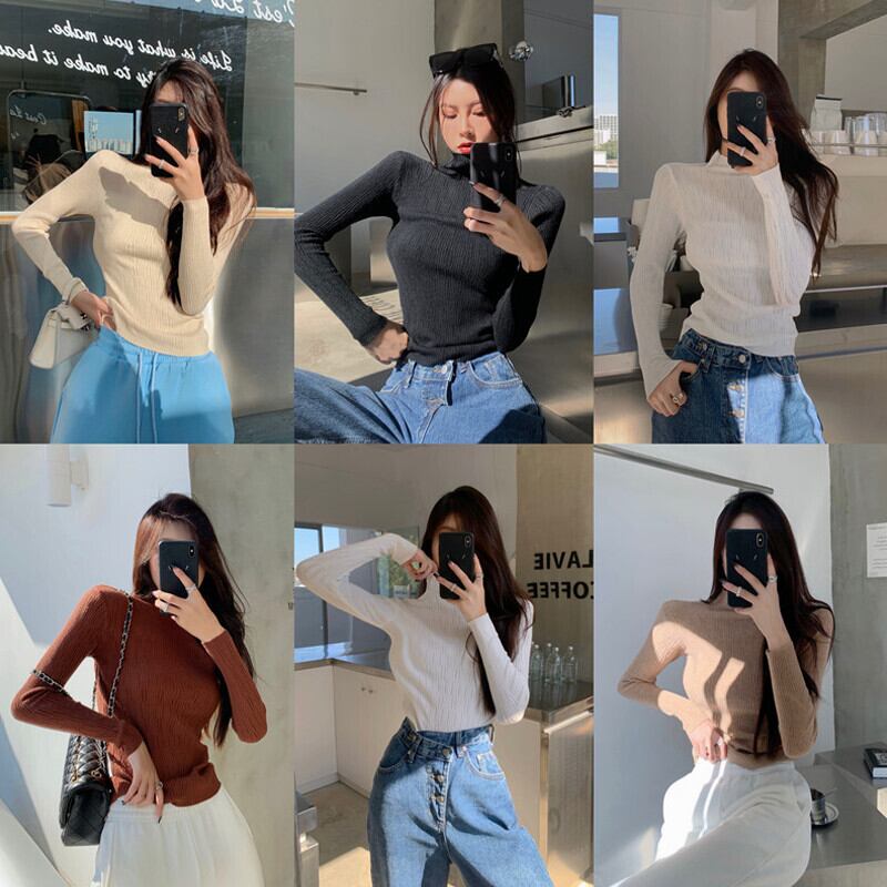 カラーTシャツ シャツ オータムウィンタースリム薄手ニットトップス ロング 秋物 冬物 ガールズファッション66228266889