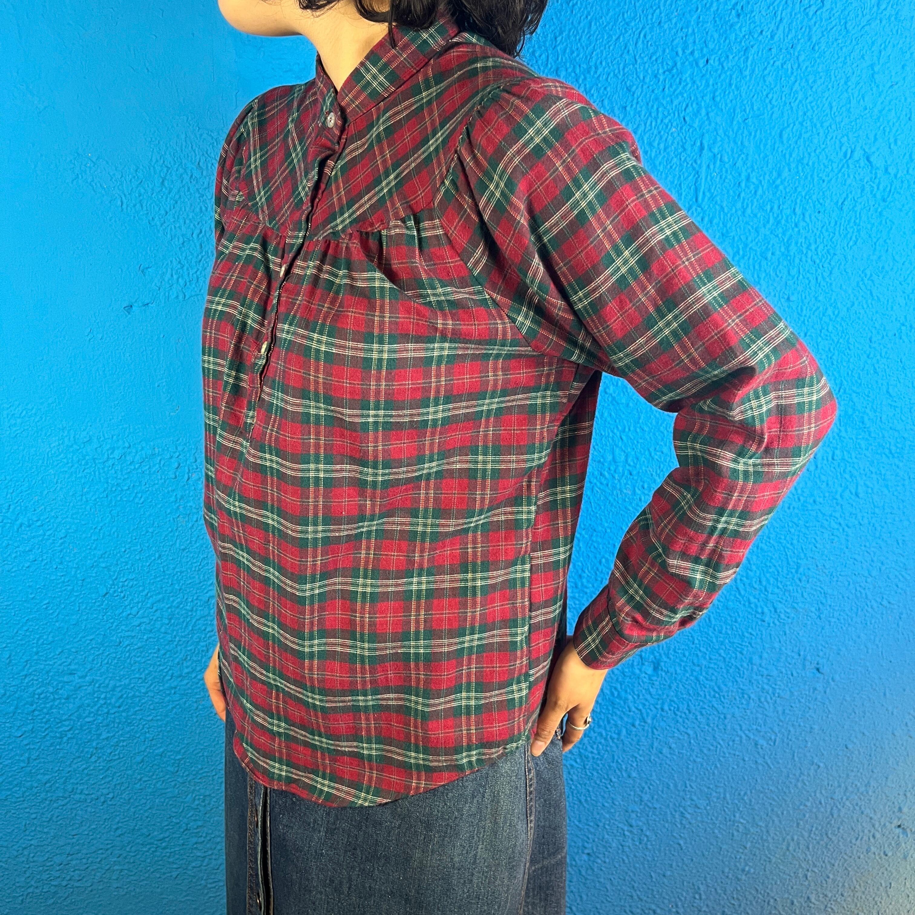 Lady's】70s Sears Red and Green Checked Collarless Blouse