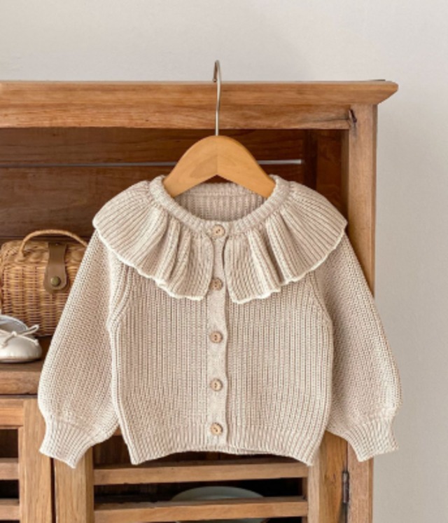 2024新品　 子供服　キッズ　無地フリル襟 ニット カーディガン　66cm～100cm
