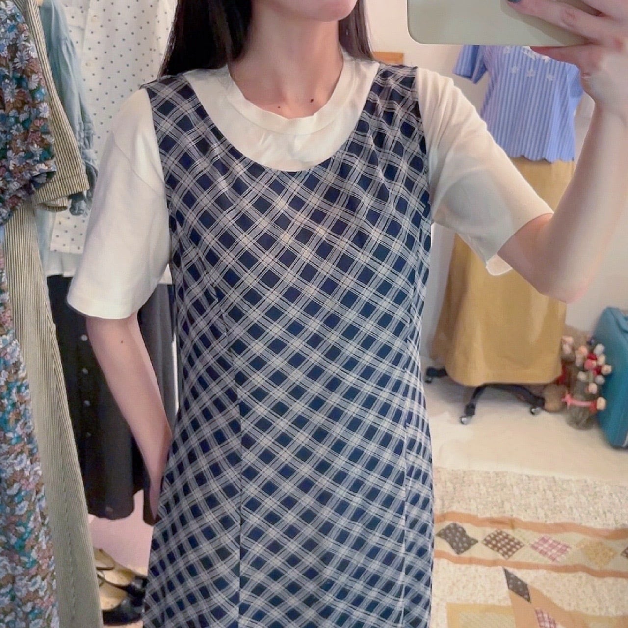 navy plaid sleeve less one-piece