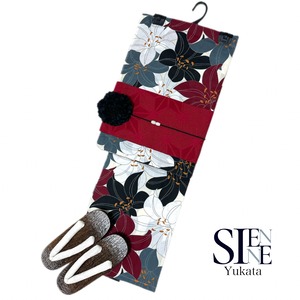 浴衣ジェンヌ 浴衣5点セット赤×黒×白 百合 花柄 綿 ゆかた 半幅帯 浴衣