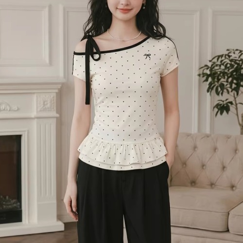 ドット配色リボンワンショルフリルトップス ・76522