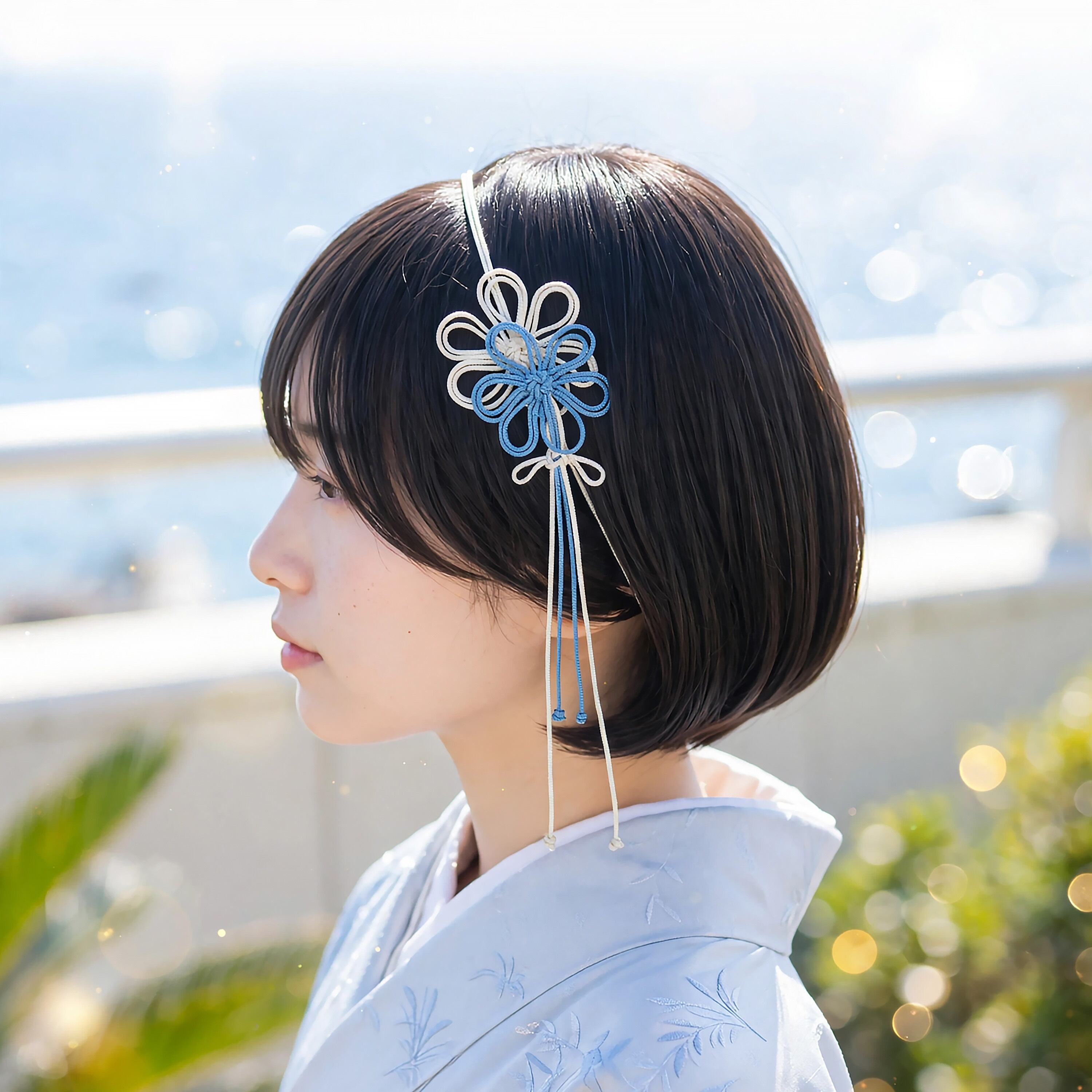 飾り結びカチューム「冴エウタフ爽」(アイボリー×縹)【軽量・簡単】浴衣や着物、日常使いにも。