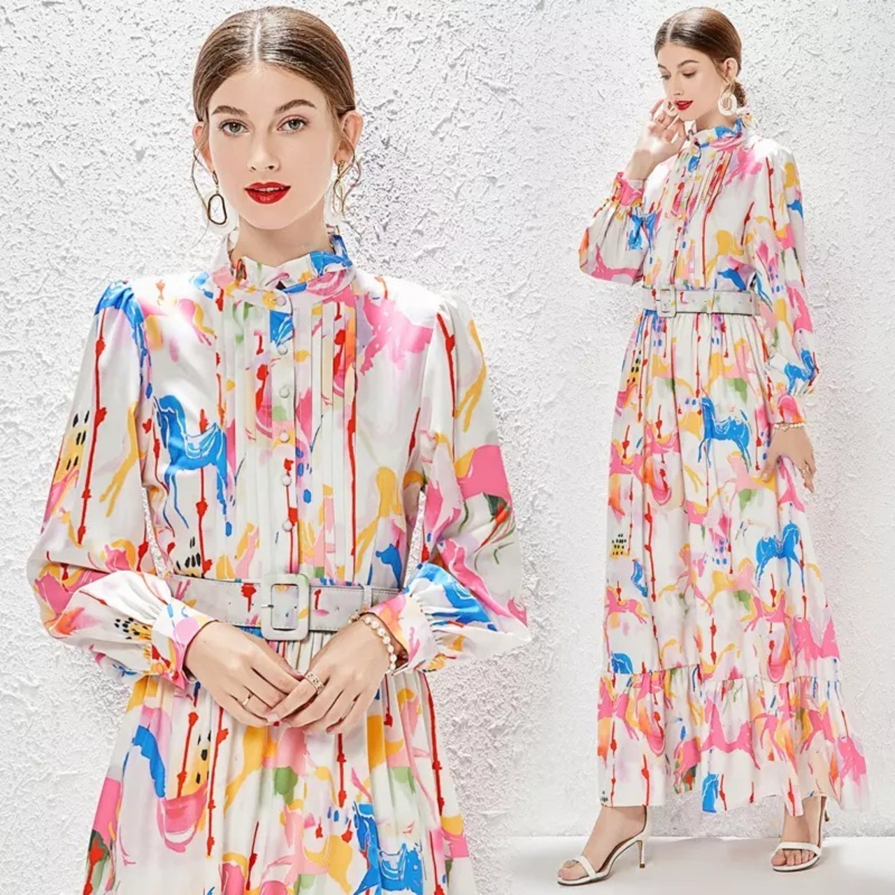 送料無料 ◇ D1217 ベルト付き ユニコーン柄 胡桃ボタン バルーン  