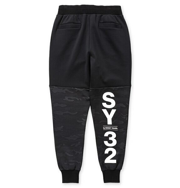 SY32 by SWEET YEARS エスワイサーティトゥ パンツ セットアップ メンズ DOUBLE KNIT EMBOSS CAMO  SHIELD LOGO PANTS 13511 BLACK×WHITE | BEES HIGH powered by BASE