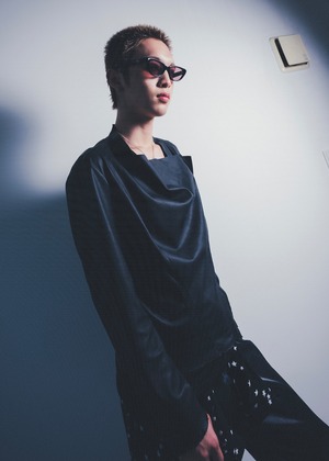 Vintage drape neck PU coated double riders jacket "BLACK"