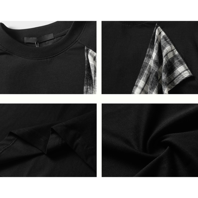 checkered shoulder-style short-sleeved tee　チェック柄肩掛け風半袖ティー　J0883