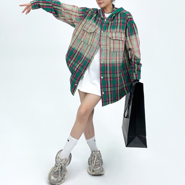 hooded gradation color check pattern shirt　フード付きグラデーションカラーチェック柄シャツ　J0726