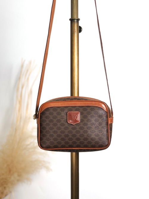 CELINE セリーヌ マカダム ショルダーバッグ ブラウン ブラゾン型押し PVC レザー vintage ヴィンテージ オールド v2cvc8