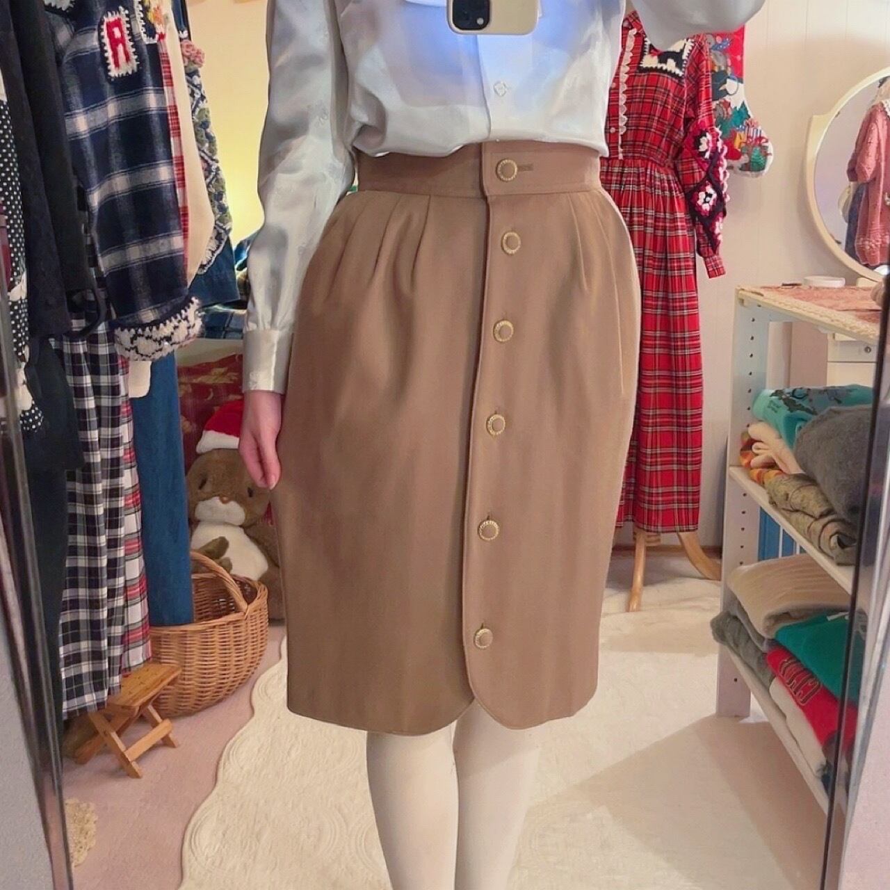 cream beige front button skirt