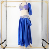 ベリーダンス オリエンタル 衣装 上下セット ブルー系 トップス スカート ラインストーン 装飾 豪華 光沢 青 紫 キラキラ スリット ダンス衣装 イベント ステージ 華やか かわいい パープル系 シルバー系