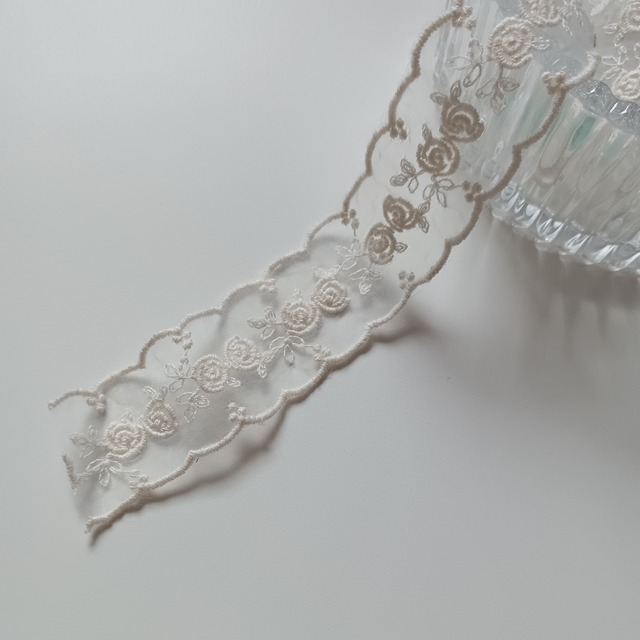 【即納】フラワー刺繍スカラップリボン   韓国リボン   1ヤード(90cm)