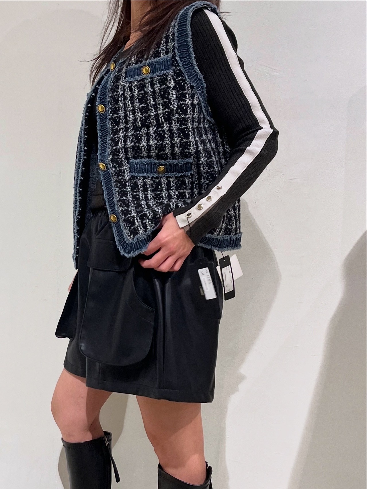 ポリーヌブロー   ツイードニットデニムドッキングベスト