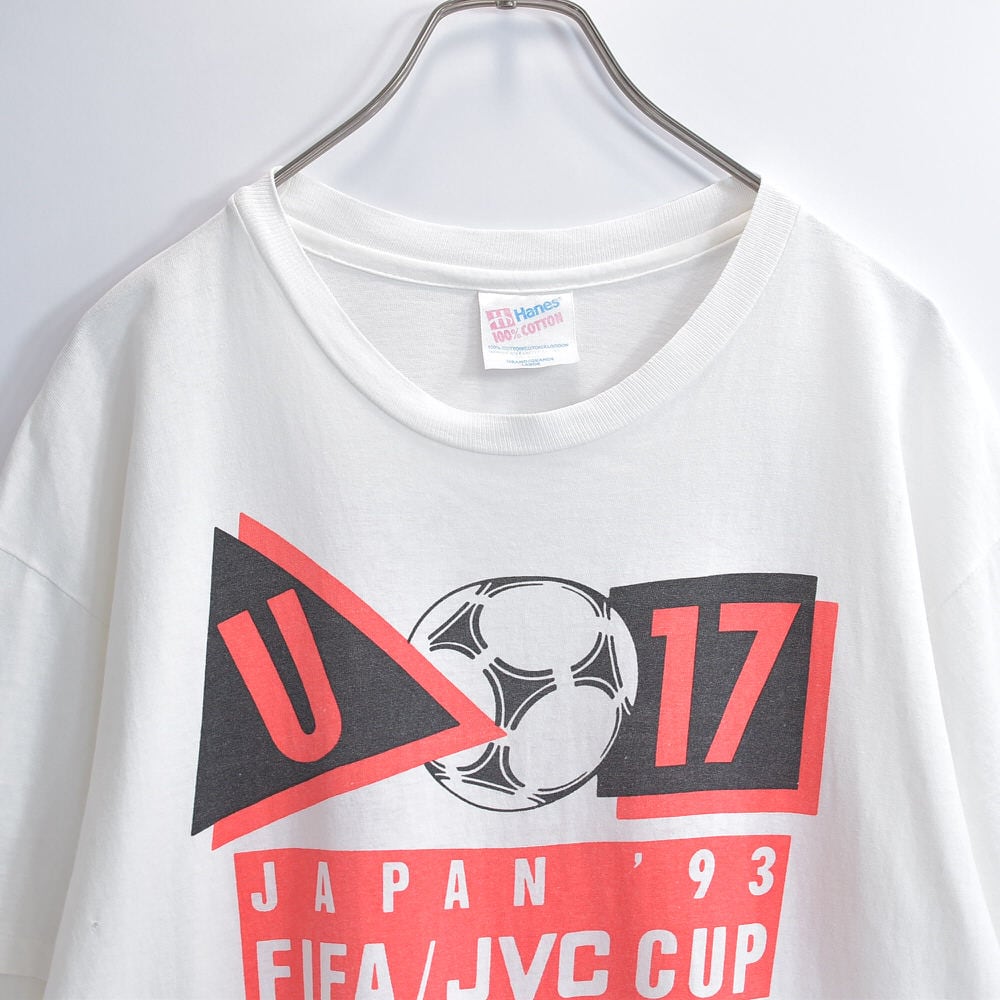 90s USA製 Hanes ヘインズ 1993 FIFA JVC CUP U-17 オフィシャル ロゴ Tシャツ サッカー スポーツ ホワイト 白 ヴィンテージ Jリーグ ビンテージ 古着 メンズLサイズ