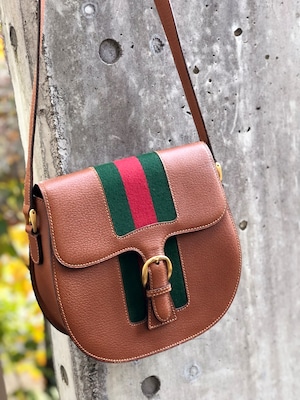 GUCCI グッチ　シェリーライン　レザー　フロントベルト　ショルダーバッグ　ブラウン×グリーン　オールドグッチ　vintage　ヴィンテージ 　8rt3yb