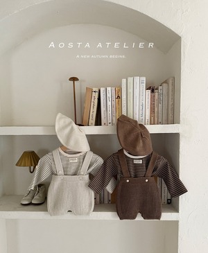 【Aosta】MomentボーダーリブTシャツ ブラウン 70~100cm