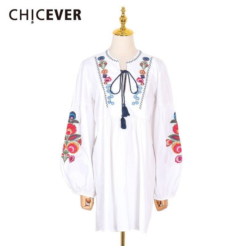 CHICEVER刺繡プリントドレス女性oネックレースアップ長袖ルーズオーバーサイズミニドレス2020 ロング 刺繍 6base529146708605