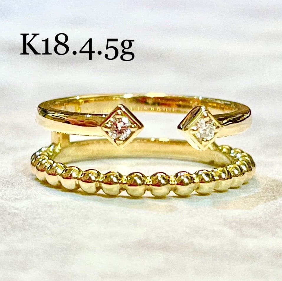 美品◇2連風♡K18YG*4.5g*11.5号*0.06ct*リング*ゴールド-