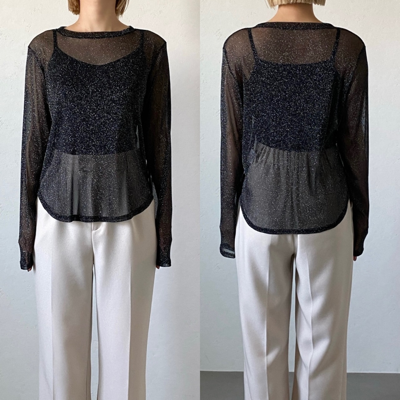 glitter sheer crewneck tops/black