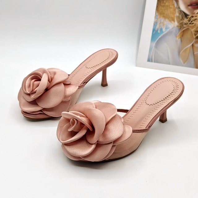 satin flower mule sandals open toe stiletto heel(3color）<s3208>