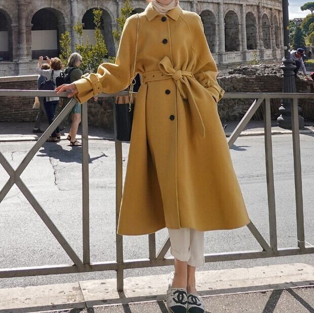 大きいサイズのレディース 秋冬新作 レディース アウター 冬レディース コート レディース ステンカラーコート ステンカラーロングコート 超ロングコート ウエストマーク フェイクウール オーバーサイズコート きれいめコート 大きいサイズ コート イエロー P7057