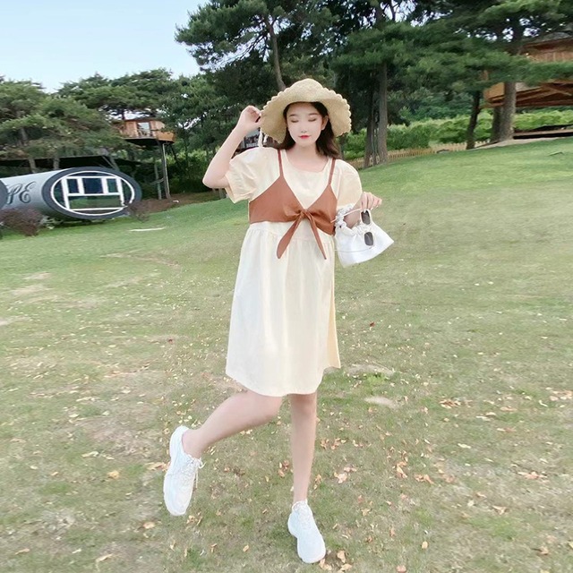 ラウンドネックドレス サマースリムスカート 大きめサイズ 夏物 Oネック ミックスインファッション94111839502