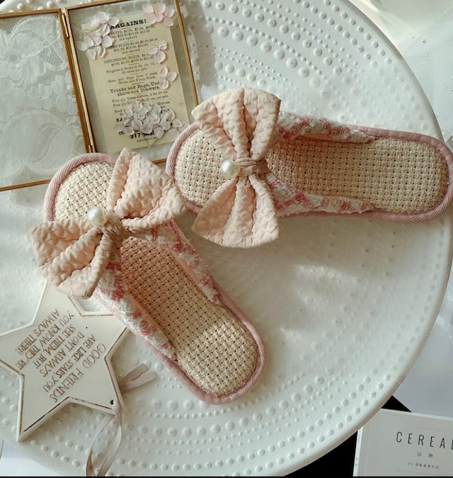 【現品限りsaleピンク23-23.5】ribon desigh room slippers　P477