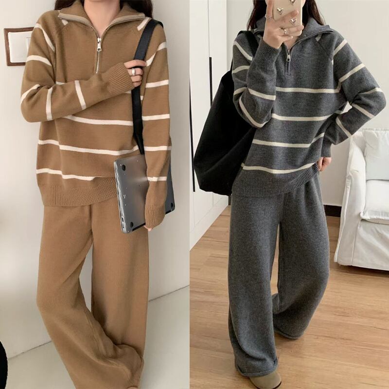 【set】ボーダー柄ニットトップス×ワイドパンツセット Q8123