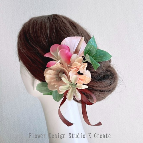 アンスリウムとプルメリアの髪飾り　ピンク　プルメリア　リゾ婚　オレンジ　結婚式　ヘッドドレス　ウェディング