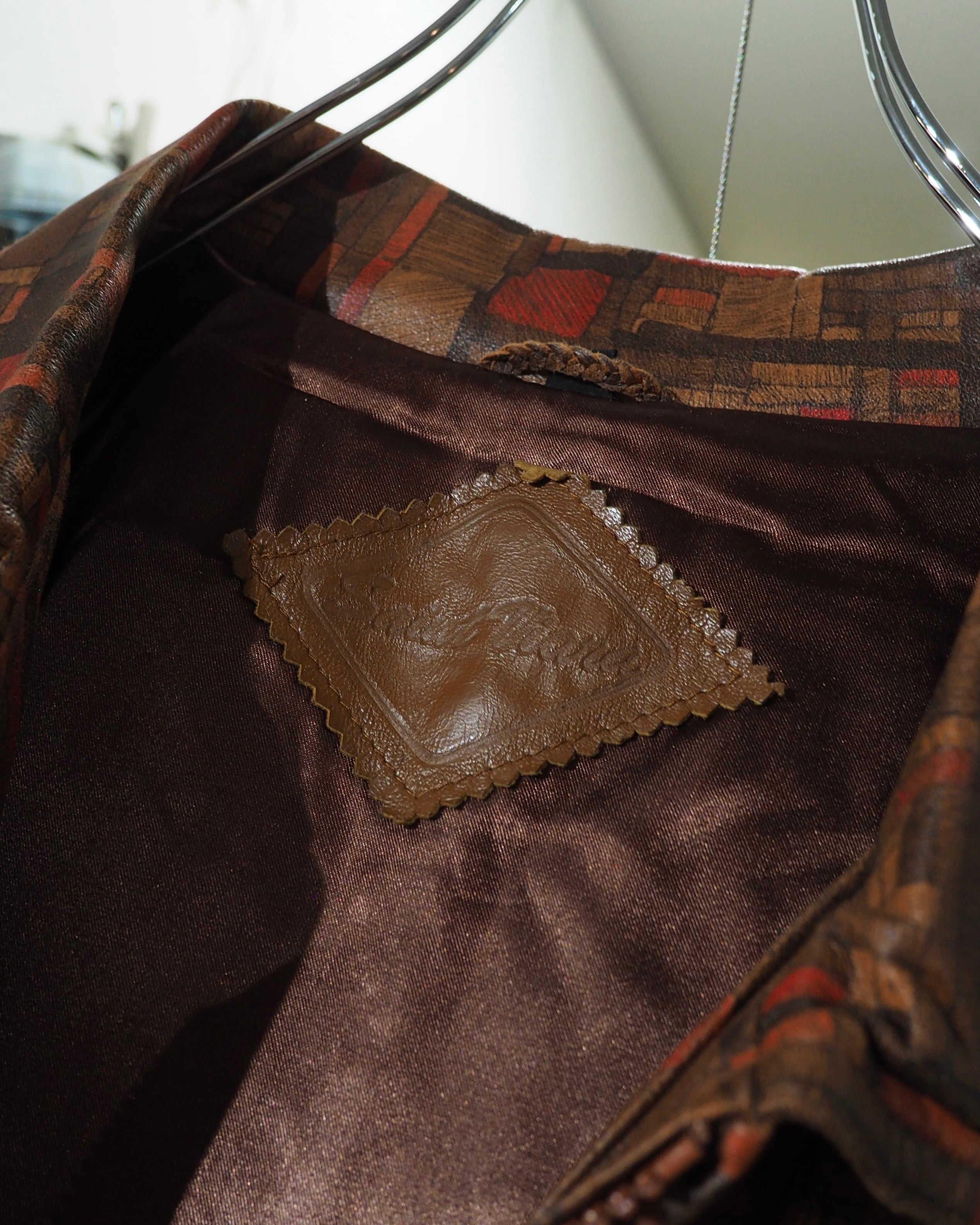 1990s Beautiful Abstract Square Pattern Vintage Loose Sheep Leather Jacket
