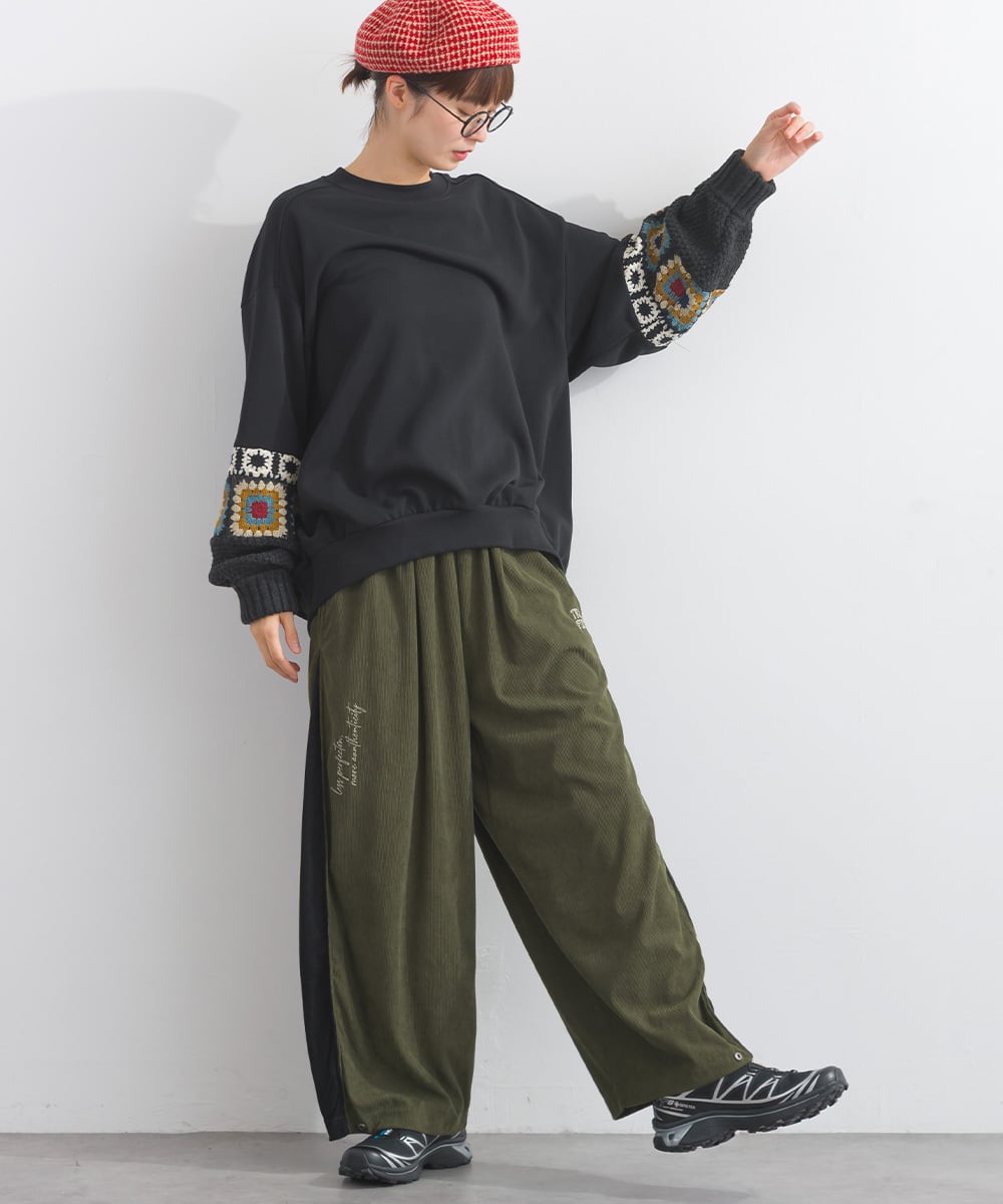 K53117 CT裏毛クロシェモチーフ袖切替スエットプルオーバー / K53117